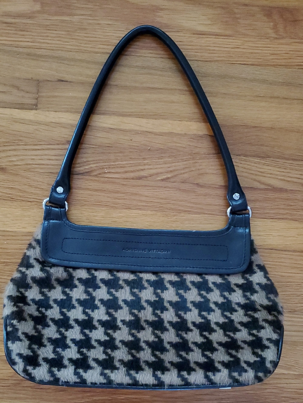 Adrienne Vittadini Houndstooth Shoulder Fur & Leather Bag in Black and Cream